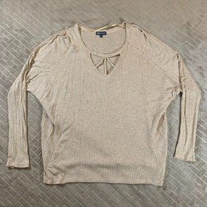 Democracy Womens Large Long Sleeve T Shirt Neutral Beige Waffle Knit V Neck